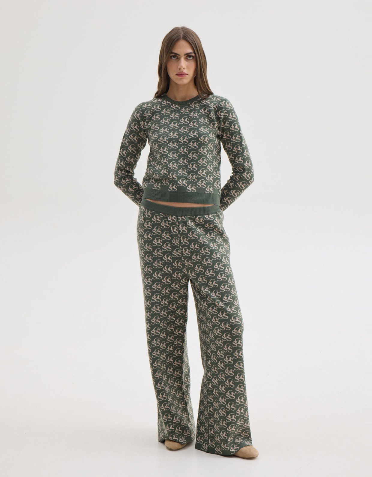 Sunset go Nancy knit pants khaki/ecru ssg print