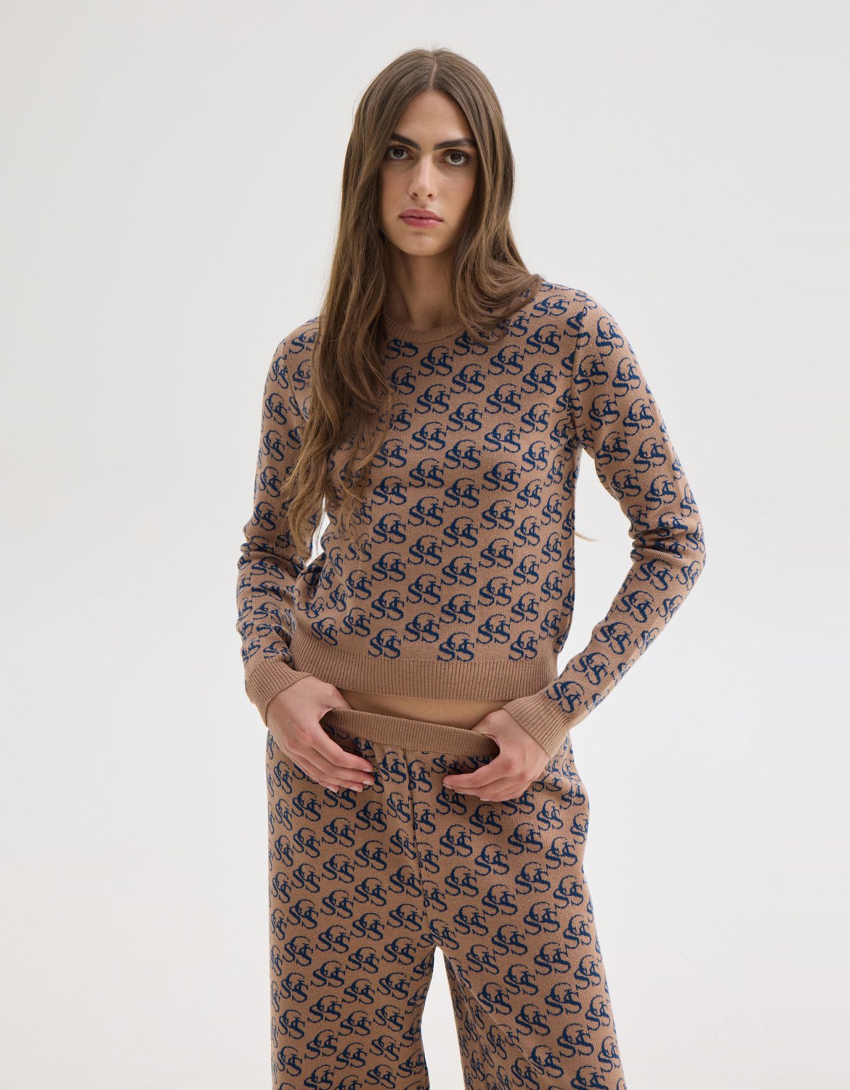 Sunset go Nancy knit top beige/blue ssg print