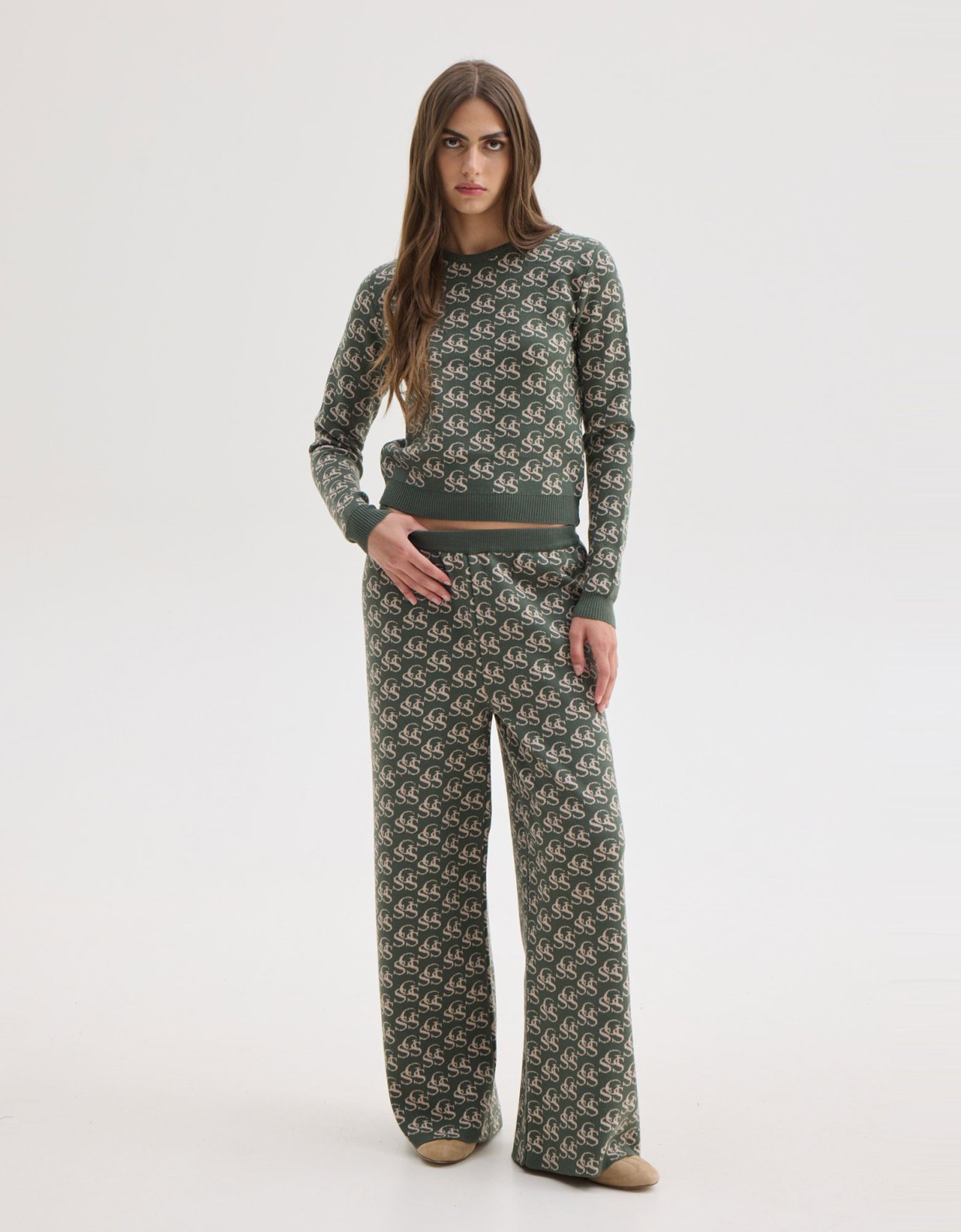 Sunset go Nancy knit top khaki/ecru ssg print