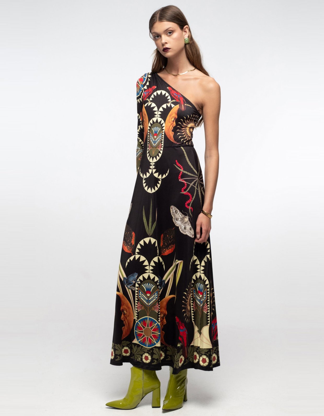 Peace and Chaos Nocturnal one shoulder long dress