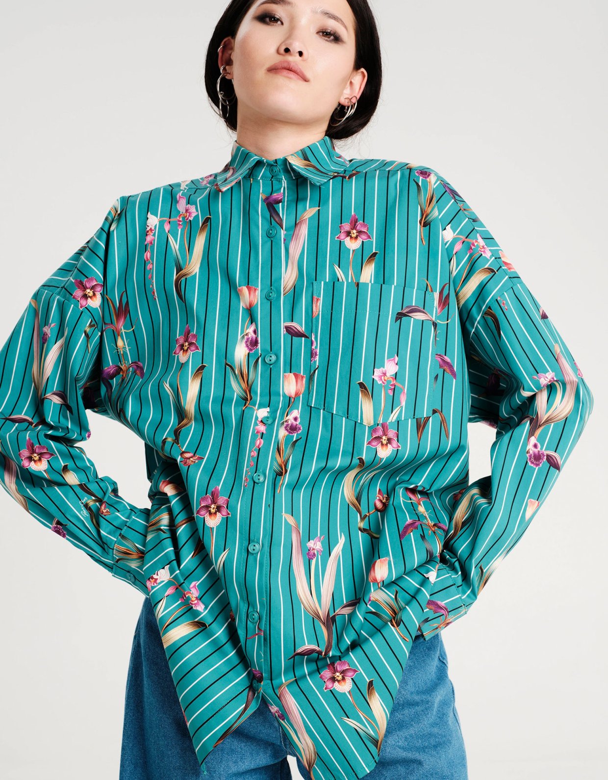 Peace and Chaos Orchid shirt petrol