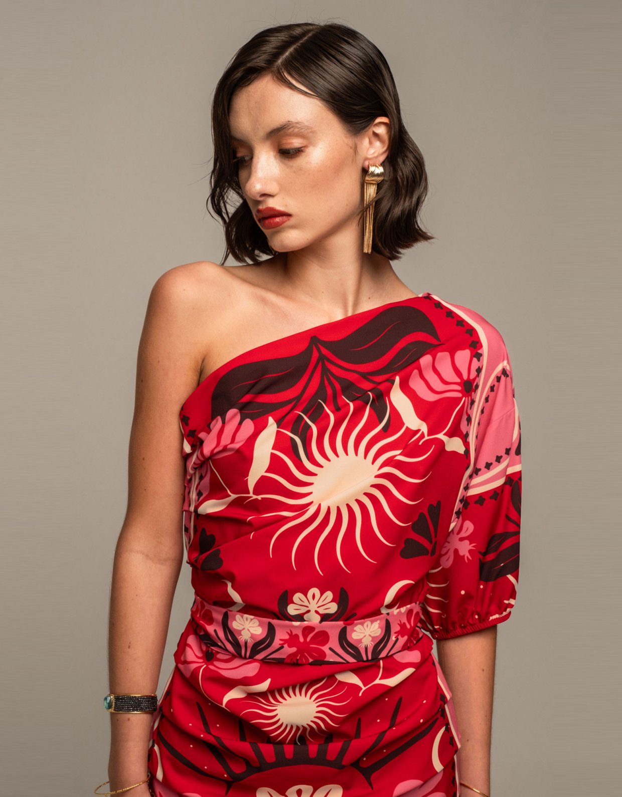 Peace and Chaos Passion flower one shoulder mini dress