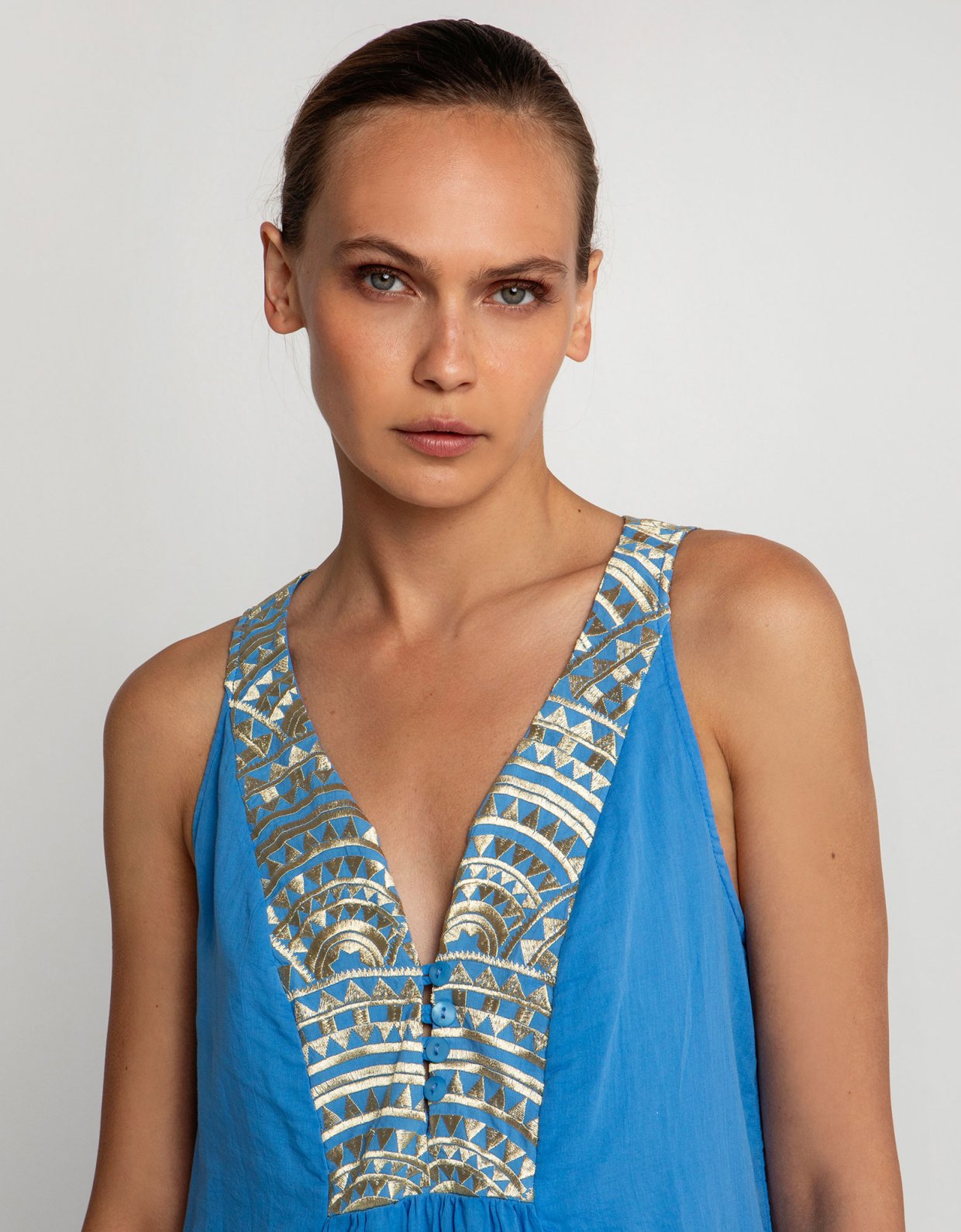 Greek Archaic Kori New triangle sleeveless embroidered maxi dress blue raf-gold