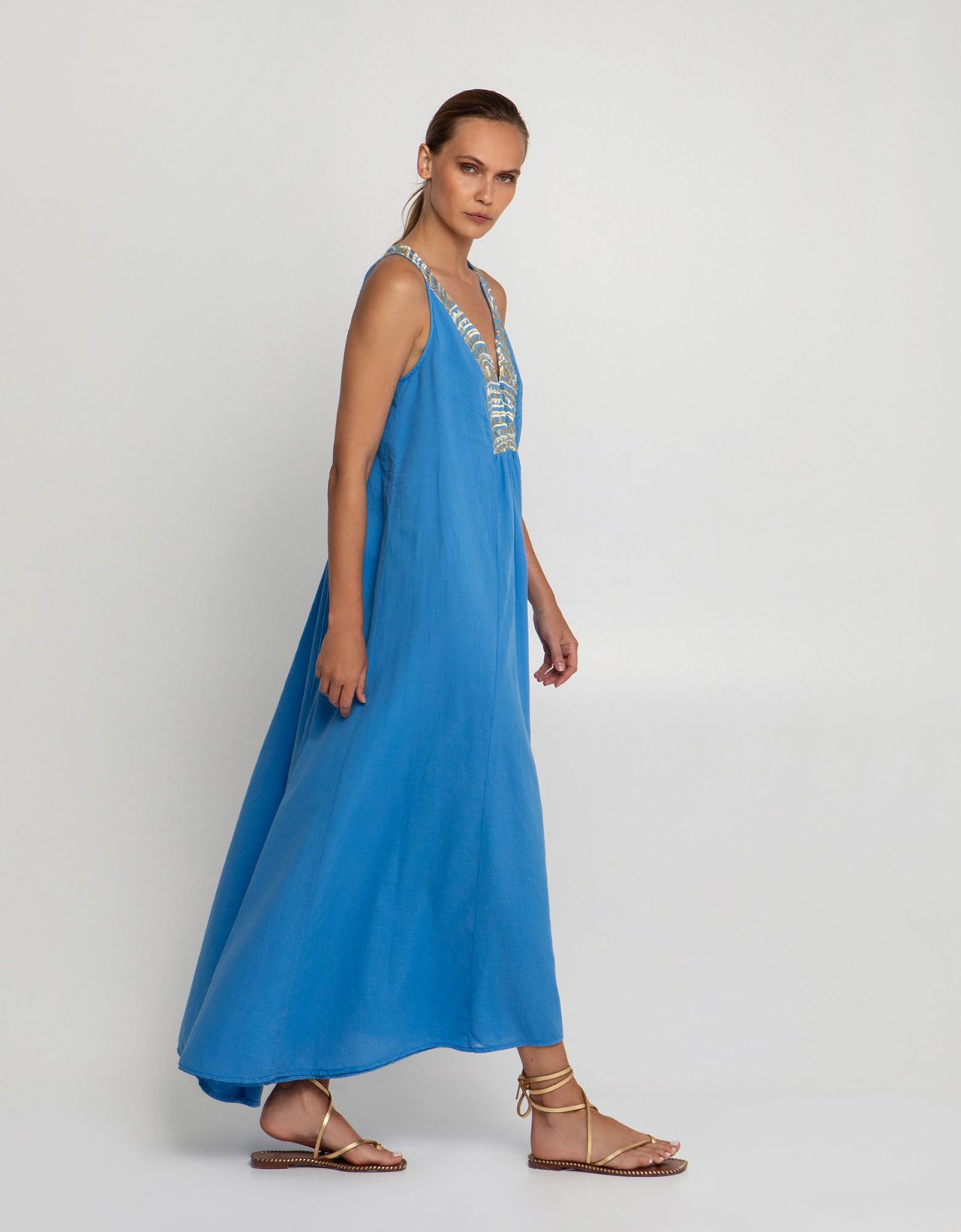 Greek Archaic Kori New triangle sleeveless embroidered maxi dress blue raf-gold