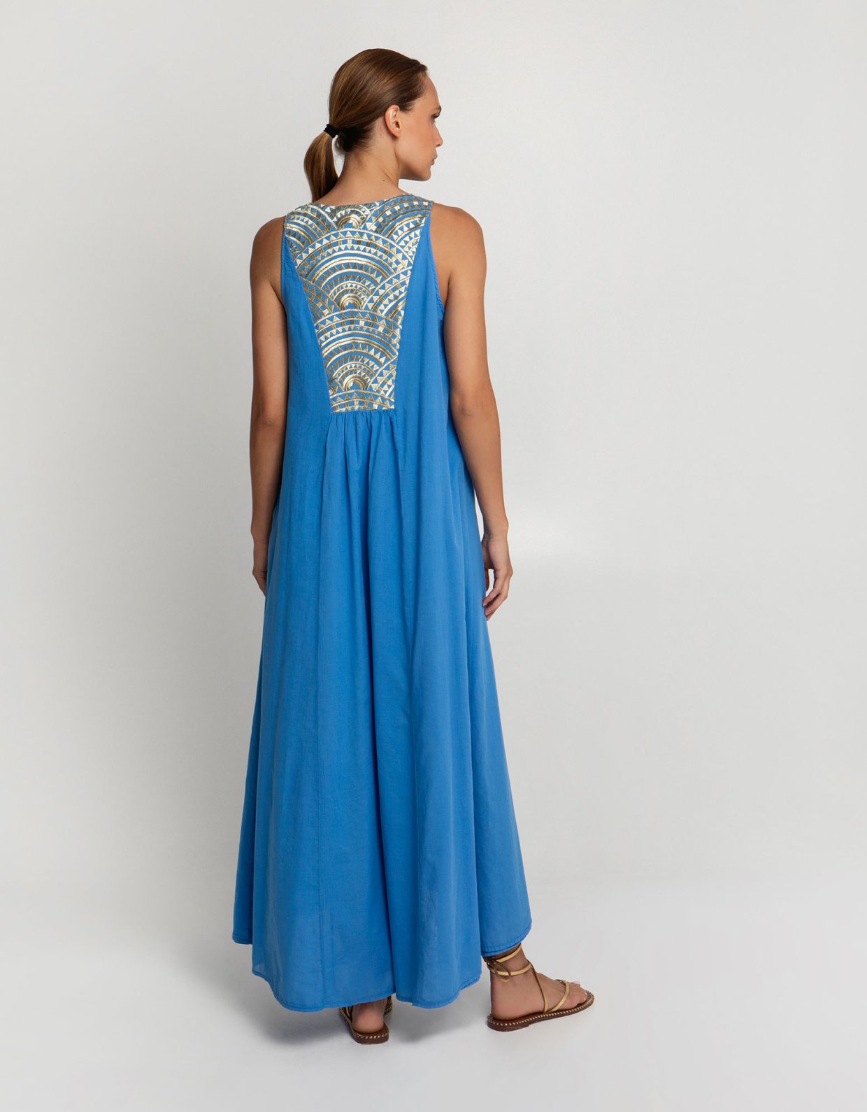 Greek Archaic Kori New triangle sleeveless embroidered maxi dress blue raf-gold