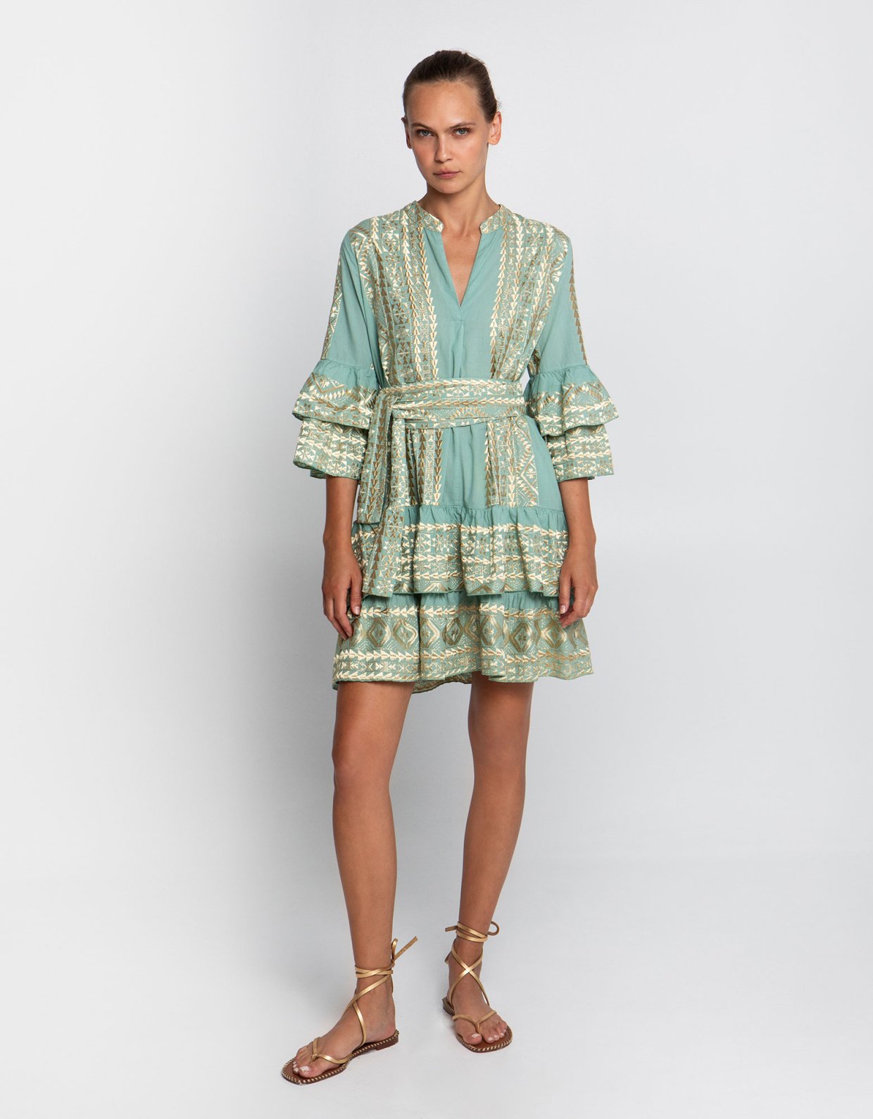 Greek Archaic Kori Classic triangle ruffled embroidered mini dress sea green-gold