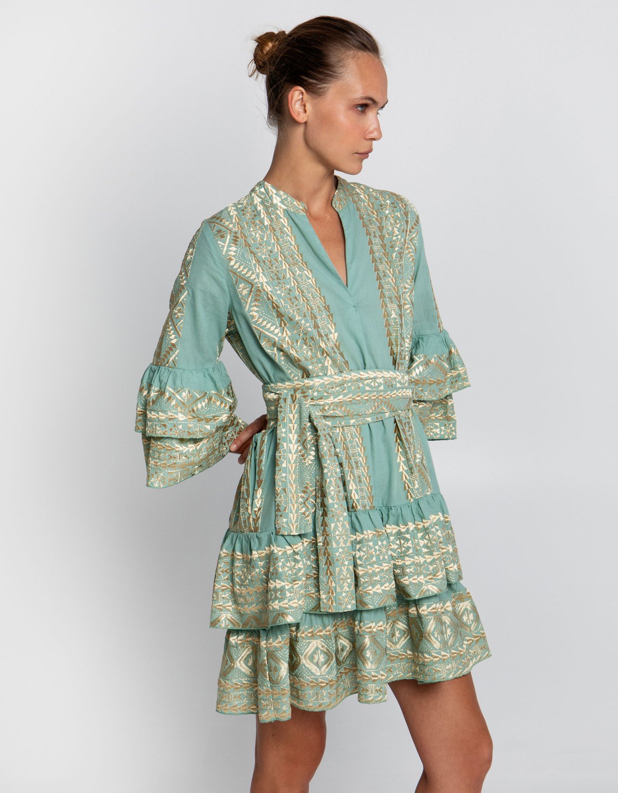 Greek Archaic Kori Classic triangle ruffled embroidered mini dress sea green-gold