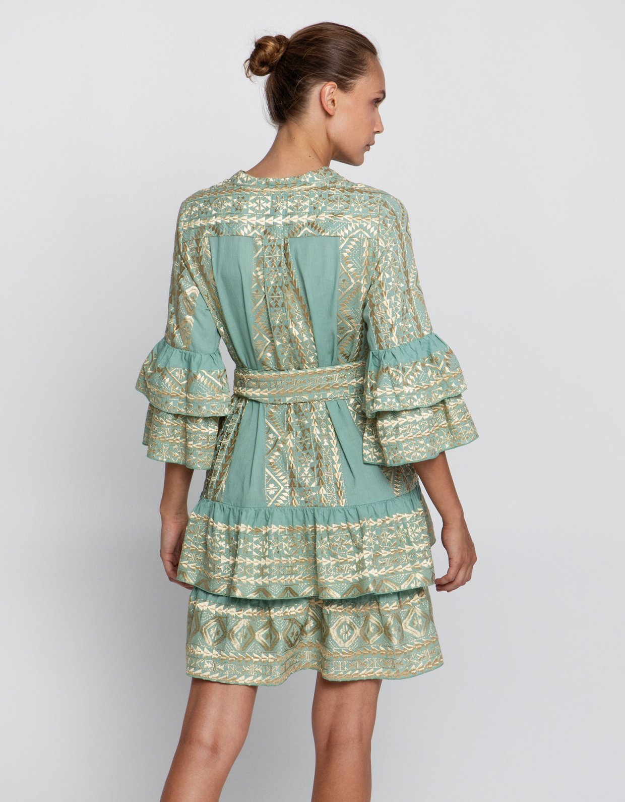 Greek Archaic Kori Classic triangle ruffled embroidered mini dress sea green-gold