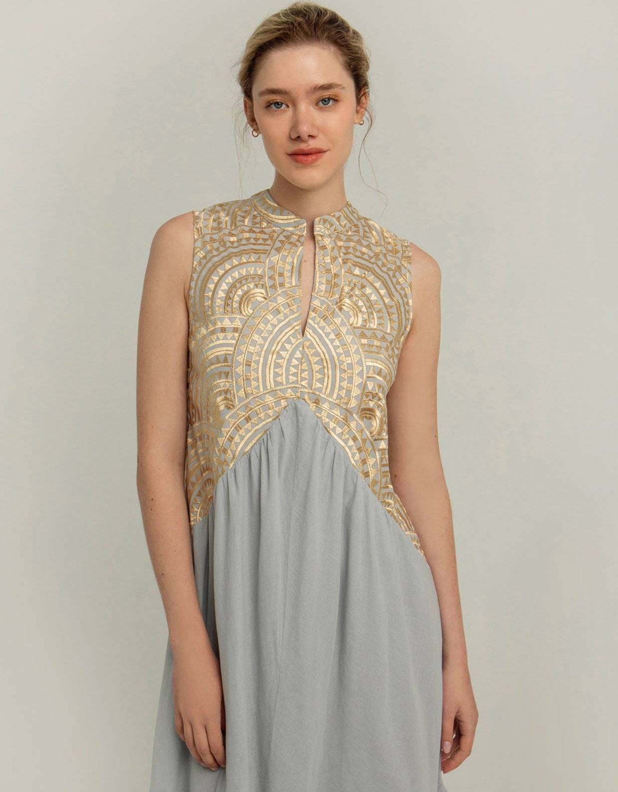 Greek Archaic Kori New triangle sleeveless maxi dress light grey-gold