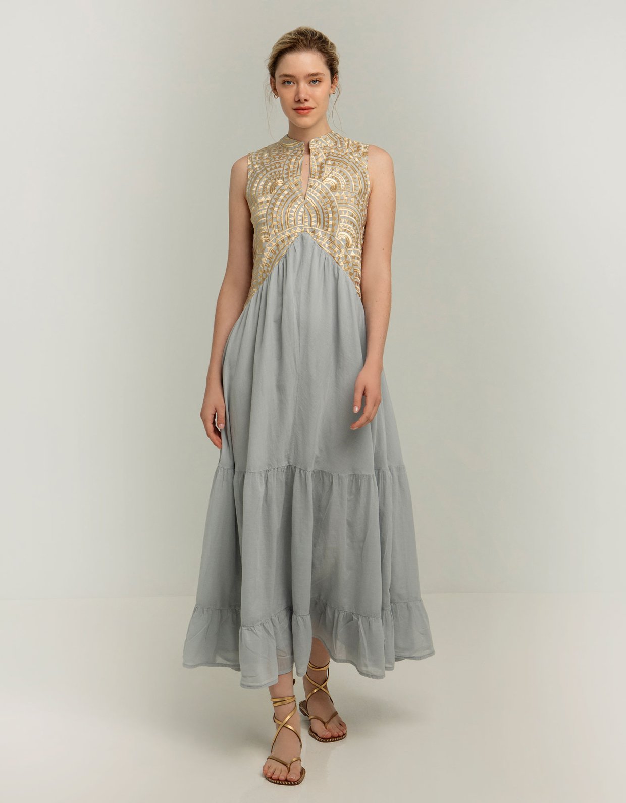Greek Archaic Kori New triangle sleeveless maxi dress light grey-gold