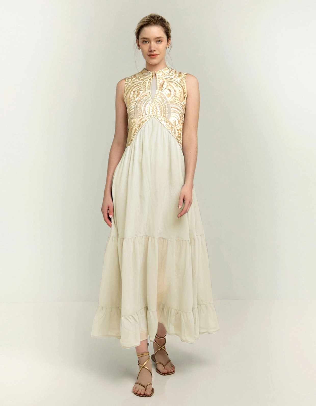 Greek Archaic Kori New triangle sleeveless maxi dress natural-gold
