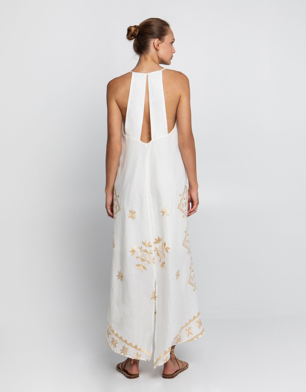 Greek Archaic Kori Lefkada open back embroidered maxi dress natural-gold