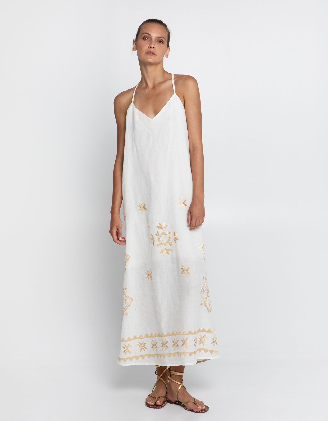 Greek Archaic Kori Lefkada open back embroidered maxi dress natural-gold