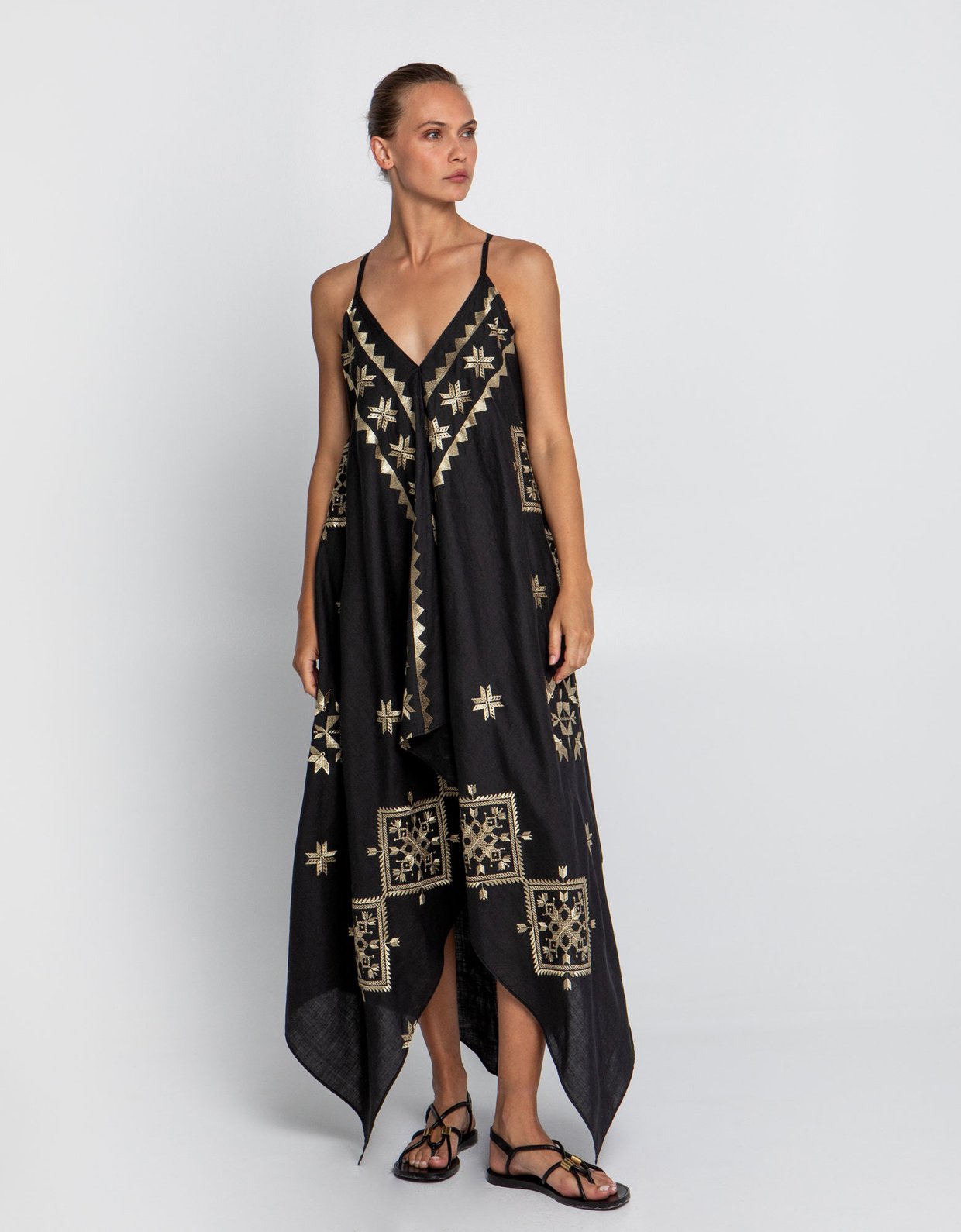 Greek Archaic Kori Lefkada asymmetric embroidered long dress black-gold