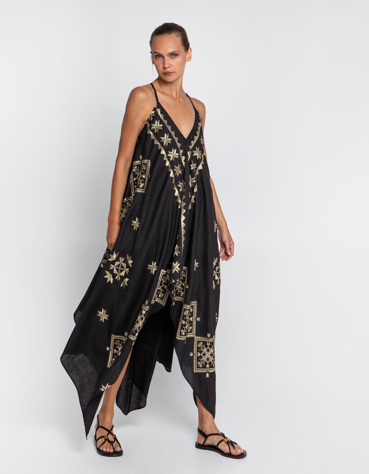 Greek Archaic Kori Lefkada asymmetric embroidered long dress black-gold