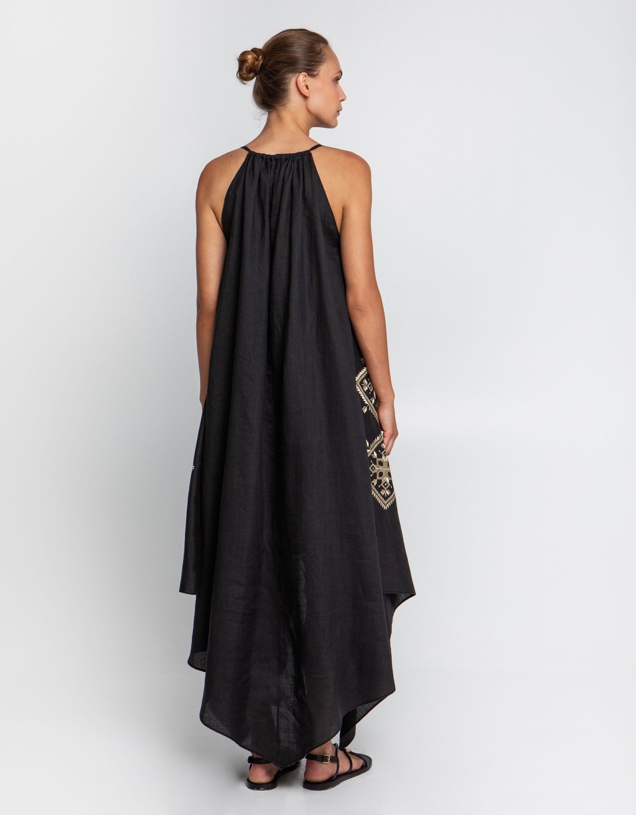 Greek Archaic Kori Lefkada asymmetric embroidered long dress black-gold