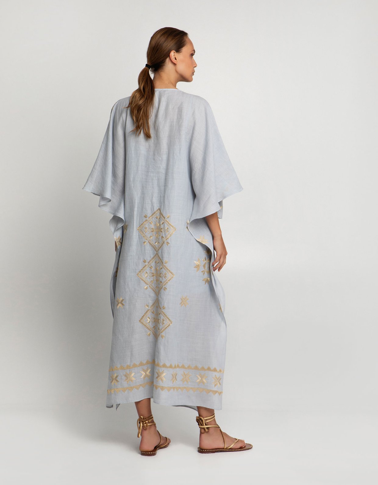 Greek Archaic Kori Lefkada embroidered kaftan dress light grey-gold