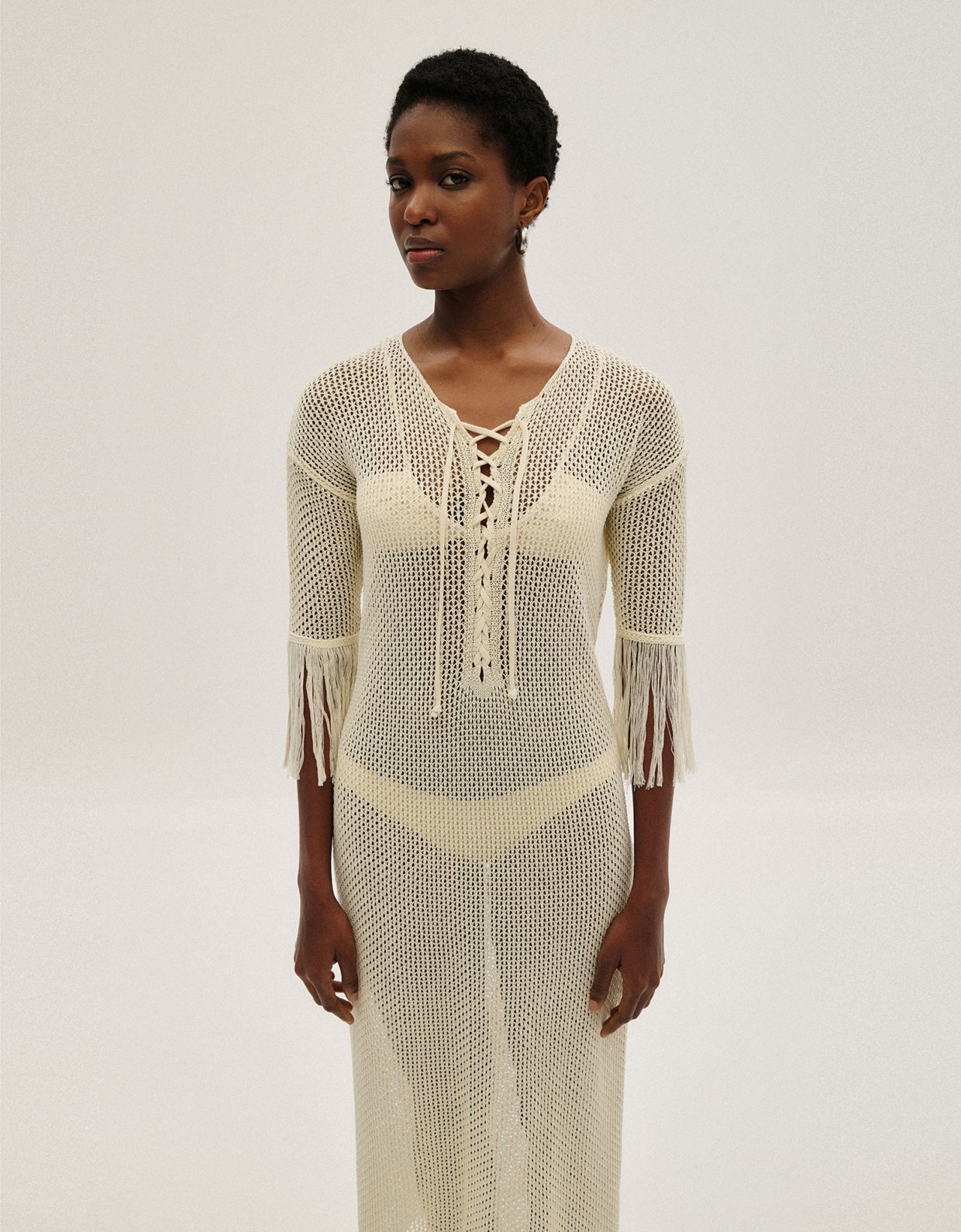 Combos Knitwear See through fringes dress ecru