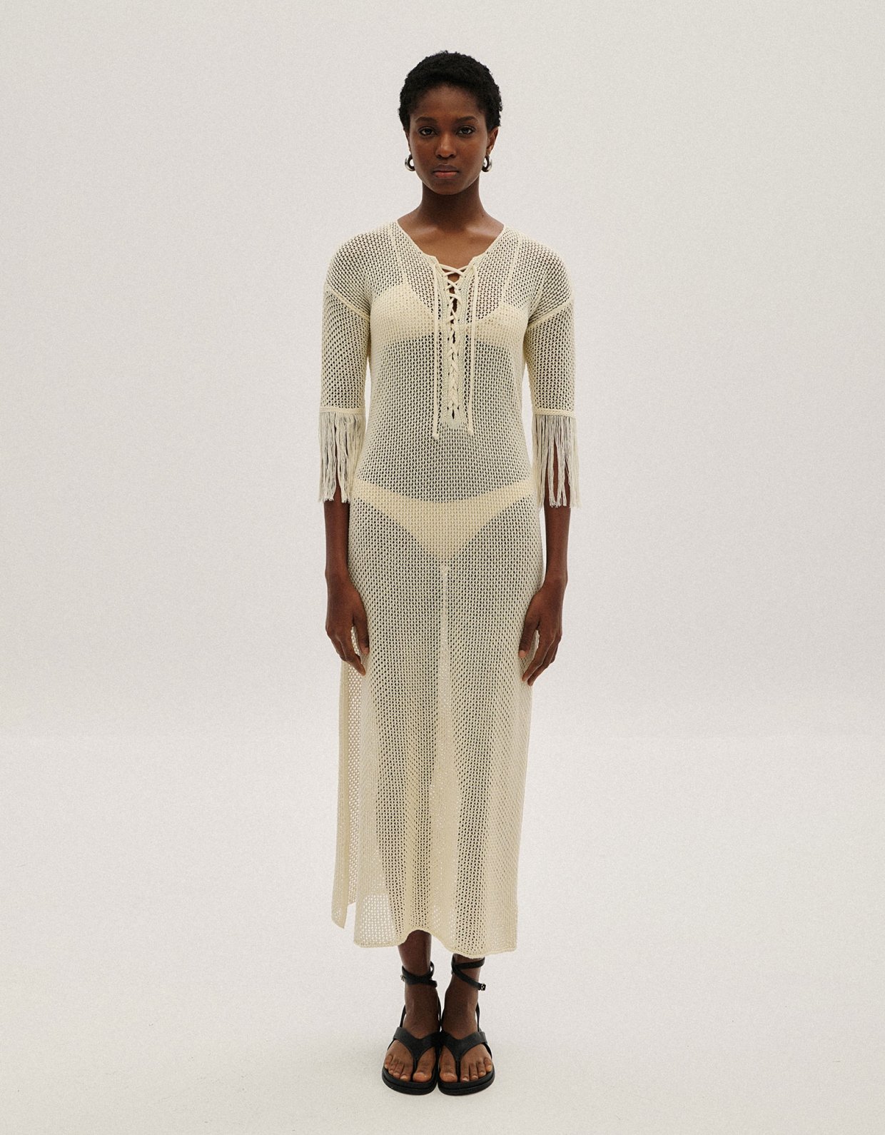 Combos Knitwear See through fringes dress ecru