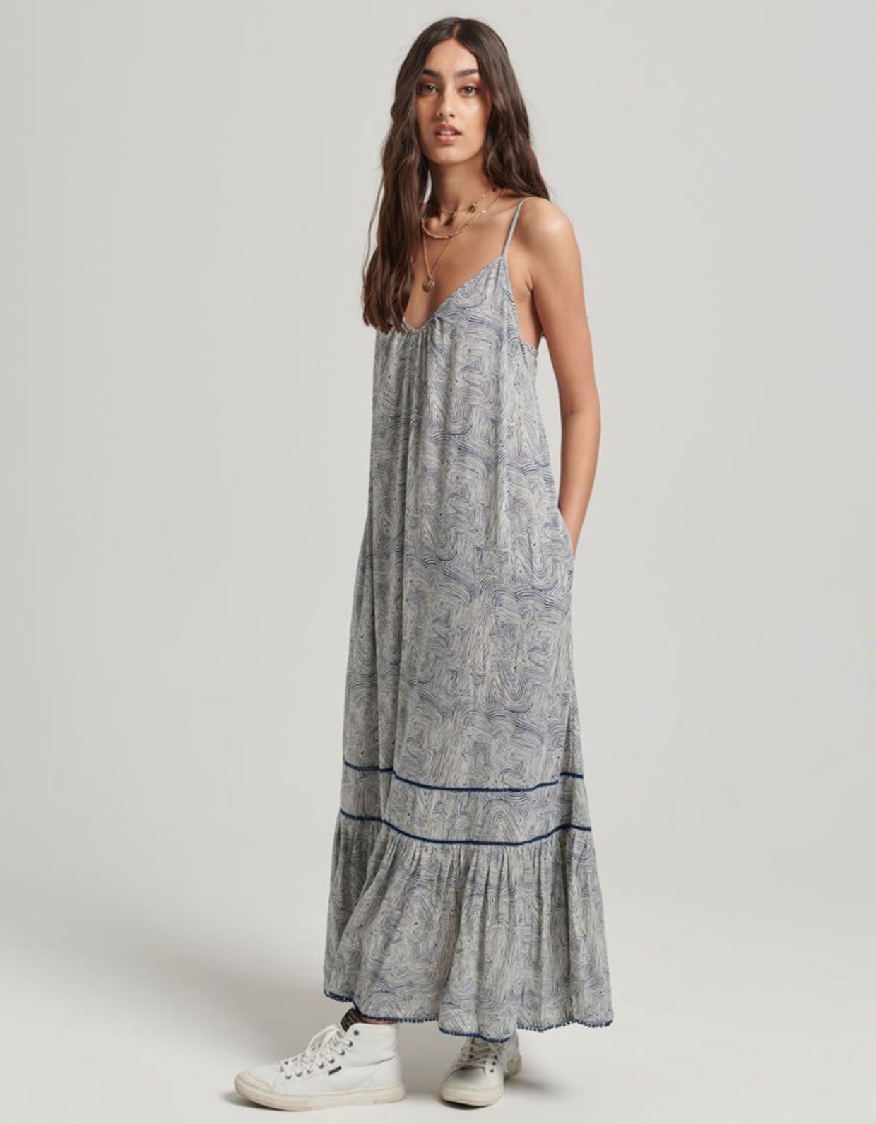 Superdry Ovin vintage long cami dress maze print navy