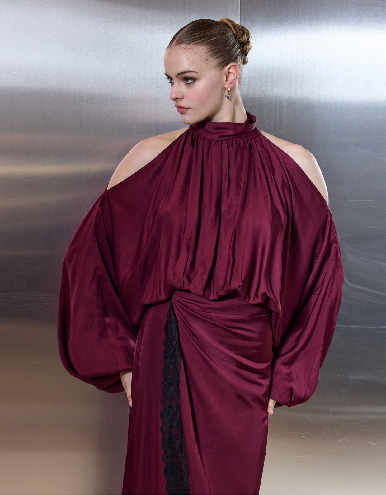 Ciel Concept Sweet romance wrap satin lace skirt wine red