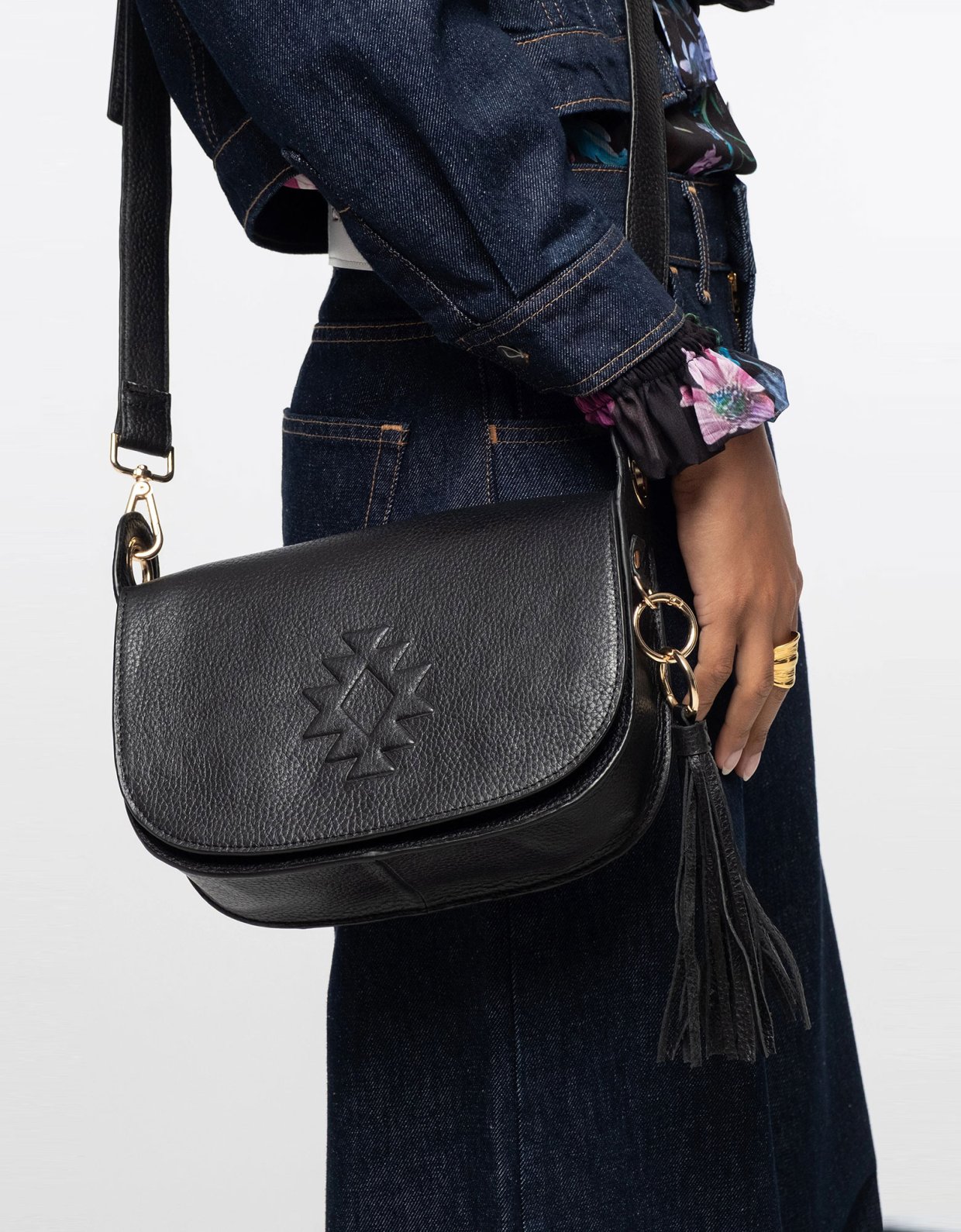 Peace and Chaos Karma tassel crossbody flap bag black