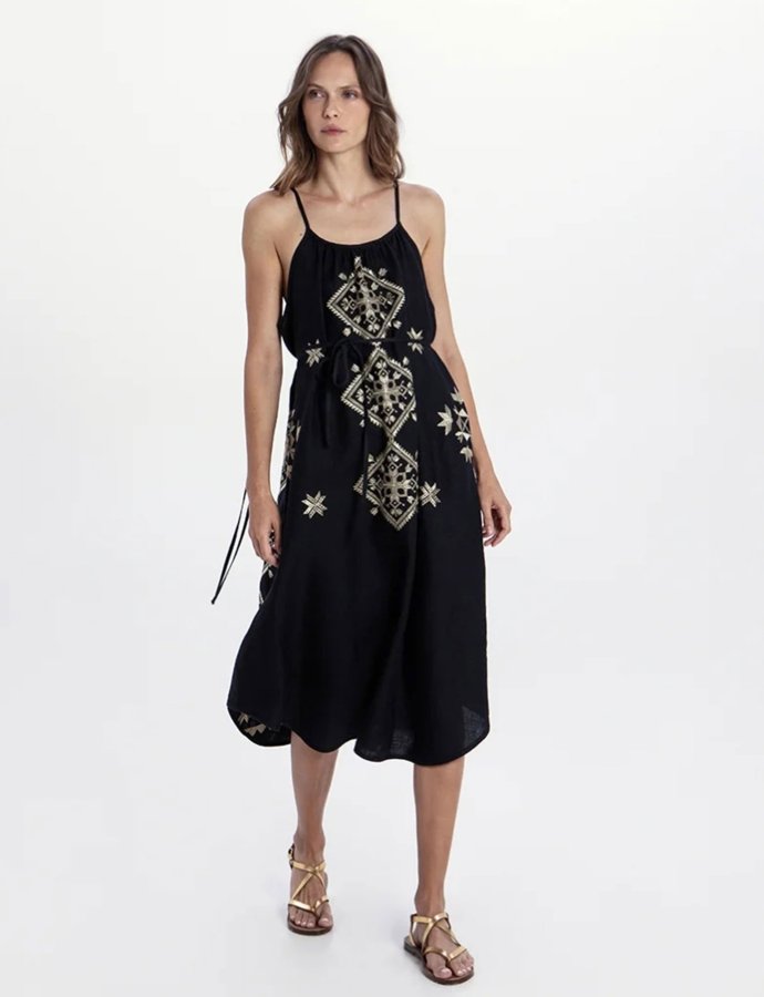 Lefkada embroidered midi  dress black-gold