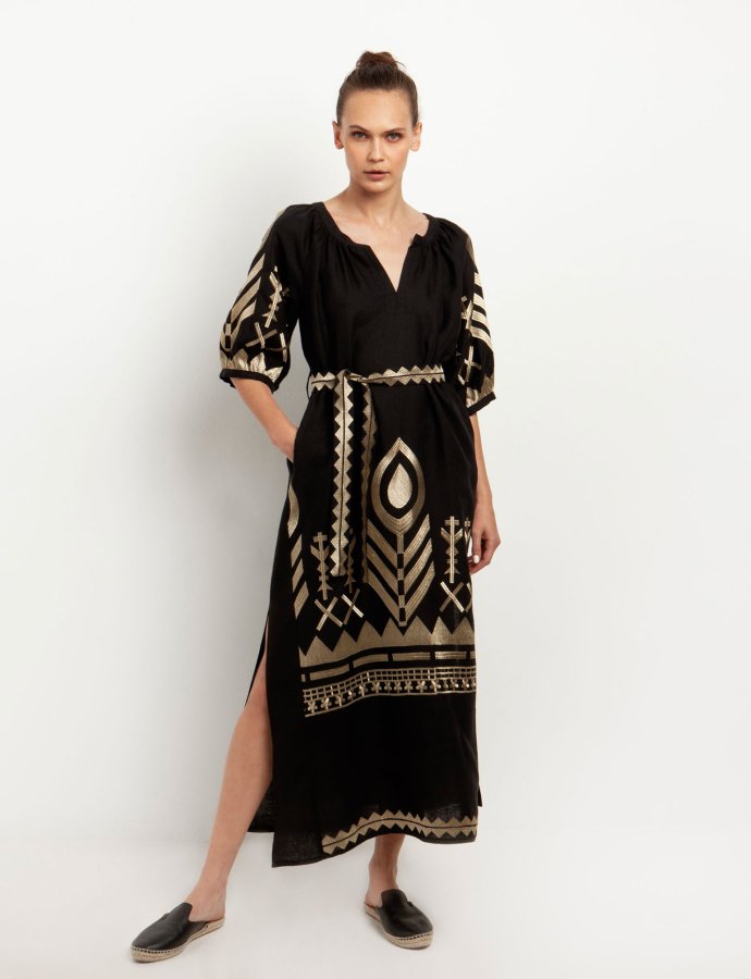 Long feather dress black-gold