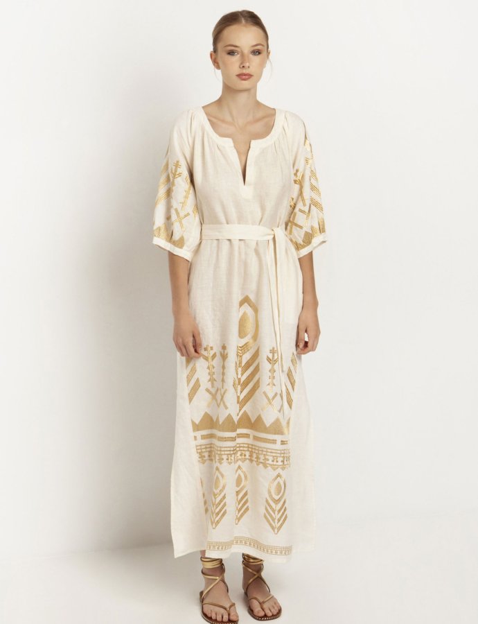 Long feather dress natural-gold