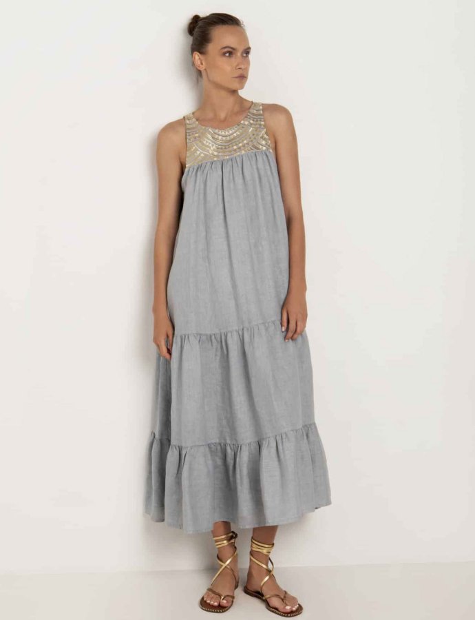 Long new allover embroidered dress light grey-gold