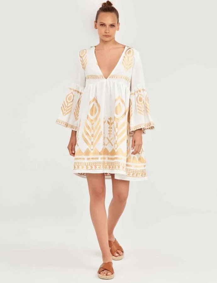 Mini bell sleeves feather dress white-gold