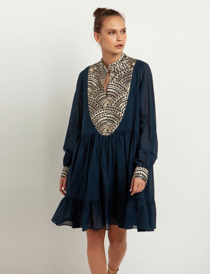 Mini long sleeves embroidered dress navy blue-gold