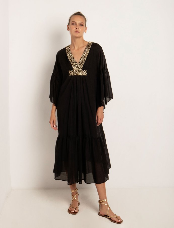 Long sleeves embroidered midi dress black-gold