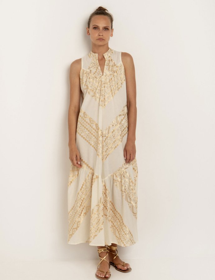 Maxi allover embroidered sleeveless dress natural-gold