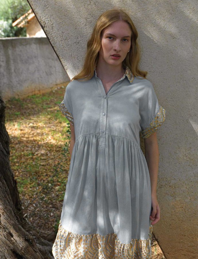 Mini new allover collar embroidered dress light grey- gold