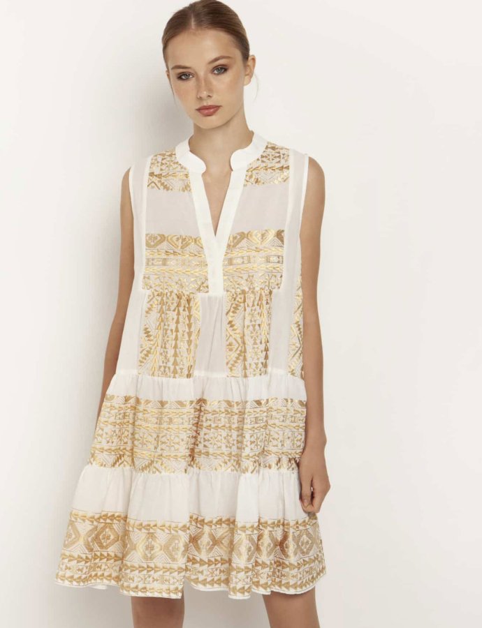 Mini sleeveless embroidered dress natural -gold