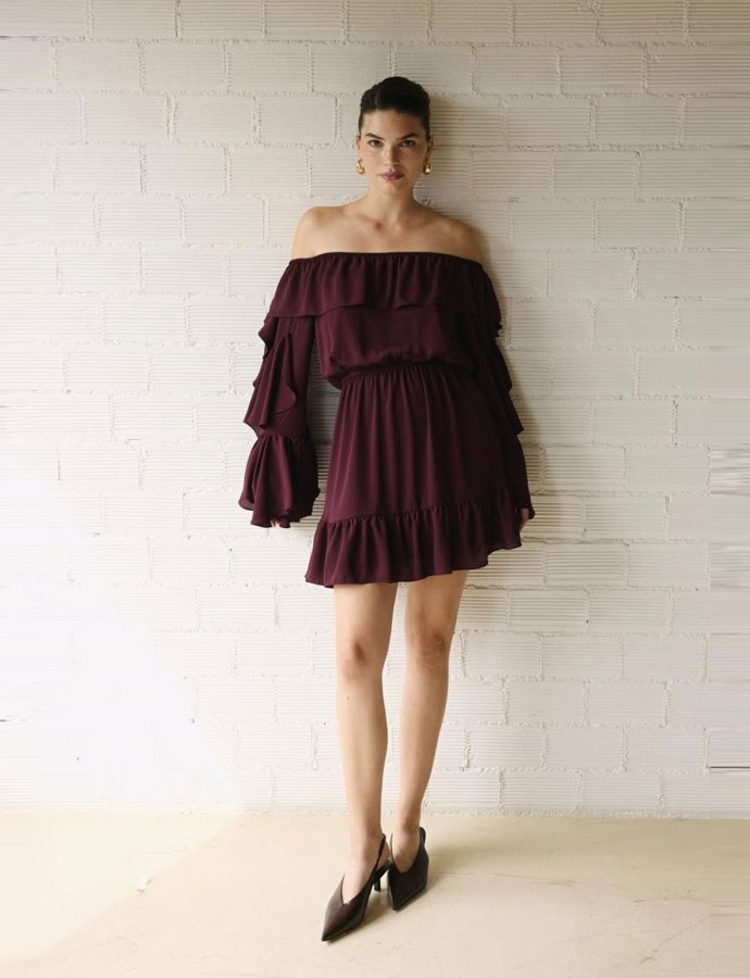 Burgundy off shoulder mini ruffle dress