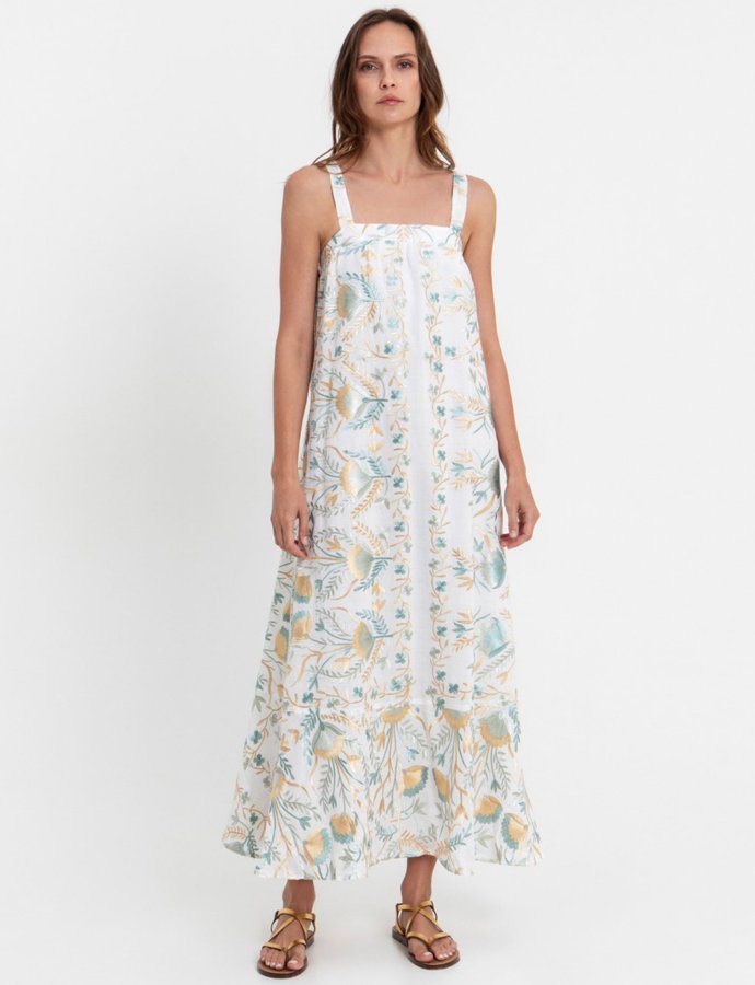 Blossom embroidered long dress white-multi green