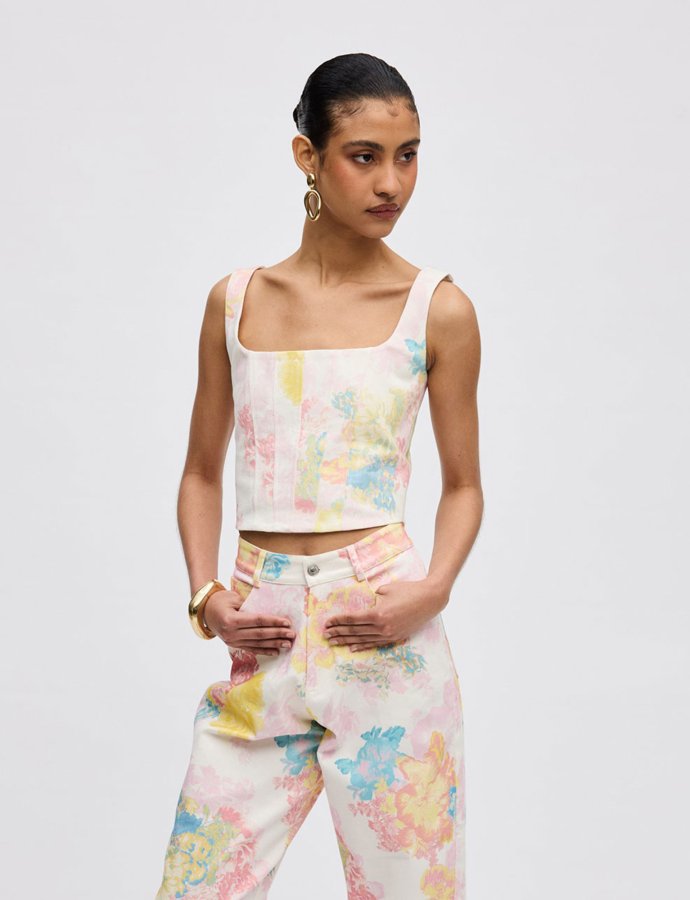 Floral mist denim corset