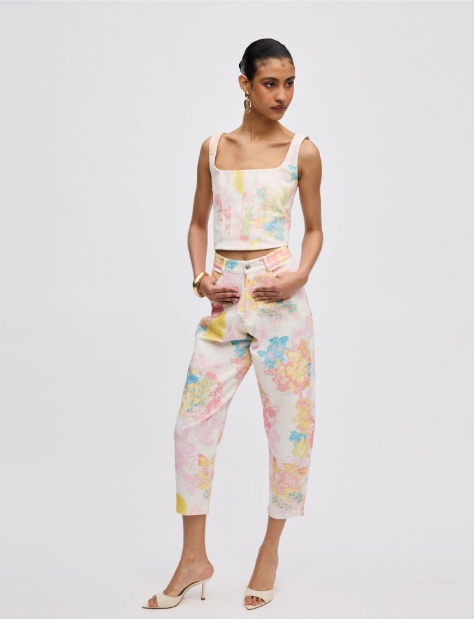 Floral mist denim pants