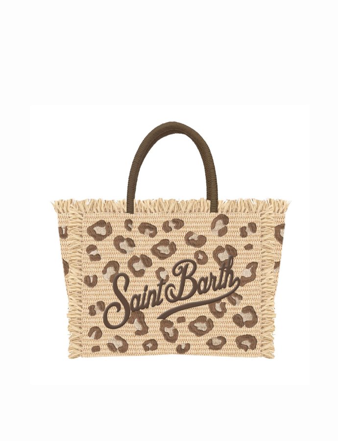 Vanity straw effect bag with leopard embroidery