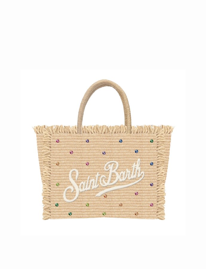 Colette bag in straw effect fabric with multicolour applied rhinestones