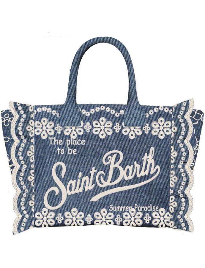 Vanity volant bag with Sangallo flowers dark denim