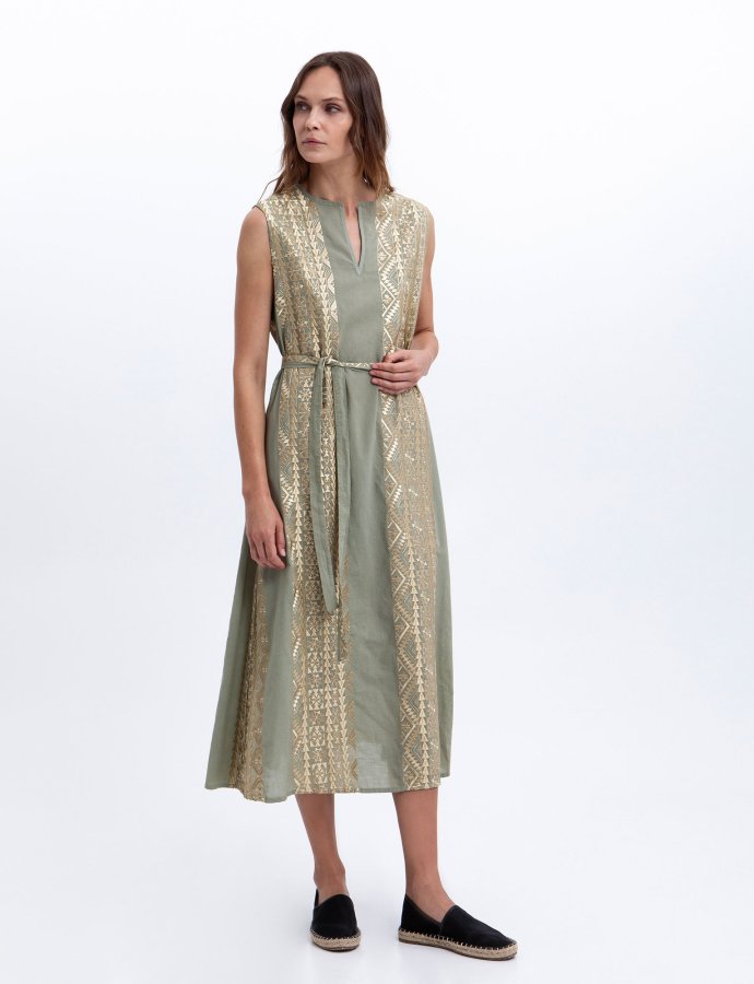 Classic triangle embroidered sleeveless midi dress sage-gold