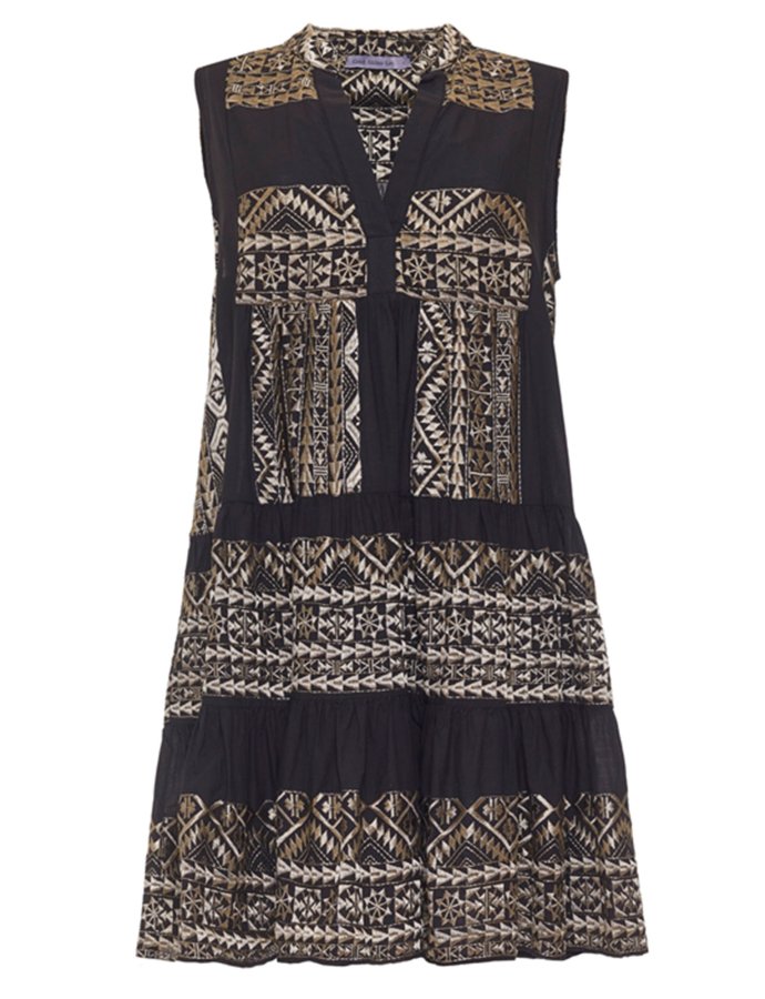 Classic triangle embroidered sleeveless mini dress black-gold