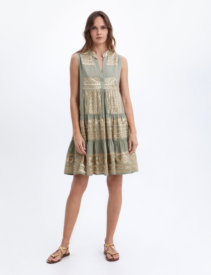 Classic triangle embroidered sleeveless mini dress sage-gold