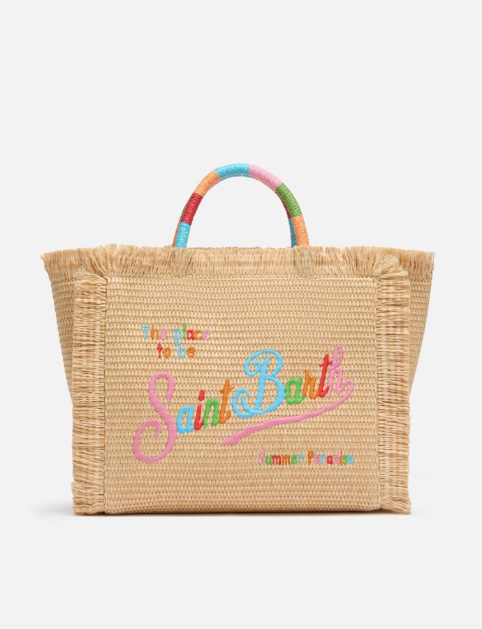 Colette straw effect handbag with multicolor logo embroidery