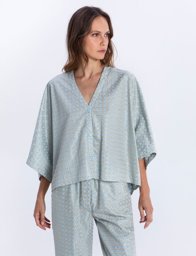 Cross embroidered tunic ciel-gold
