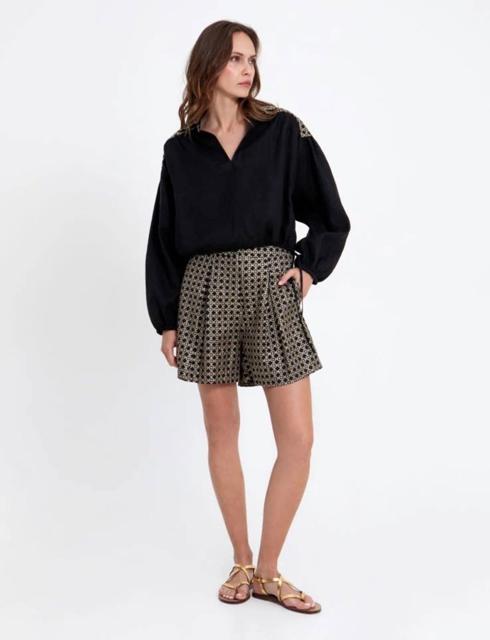 Cross pleated shorts  black-gold