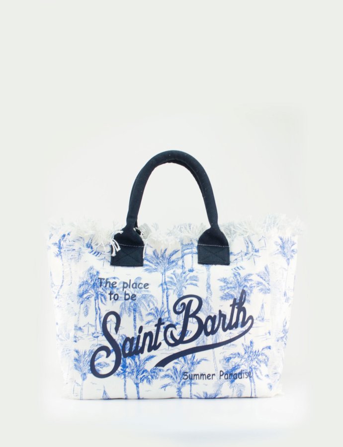 Blue cotton canvas vanity tote bag with toile de jouy print